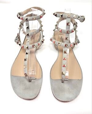 Valentino Garavani Rockstud Caged Gladiator Flat Sandals Grey Suede 40